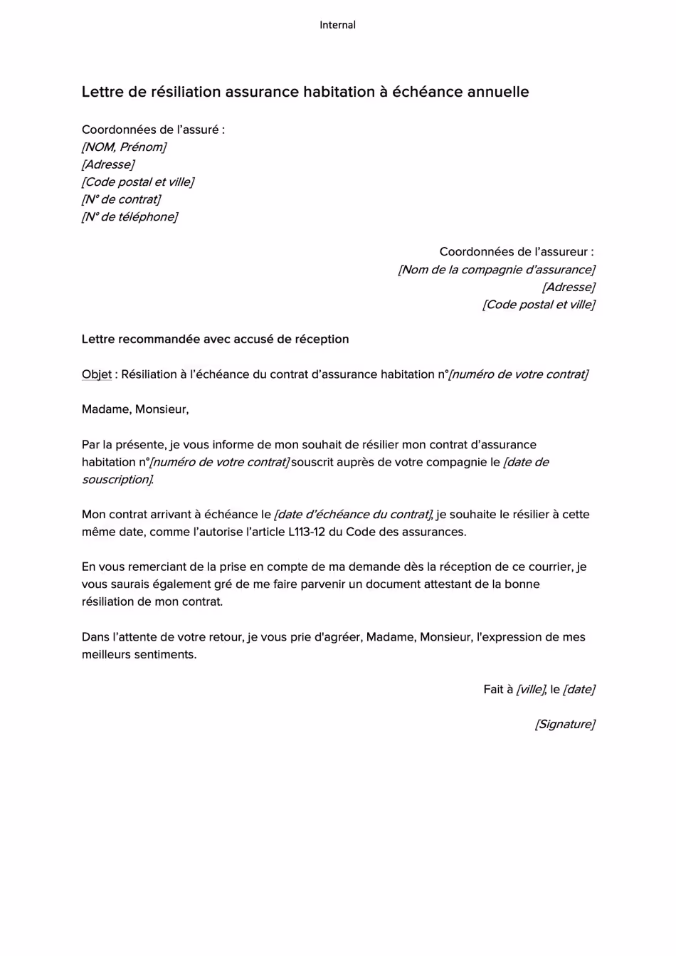 Exemple de lettre de résiliation